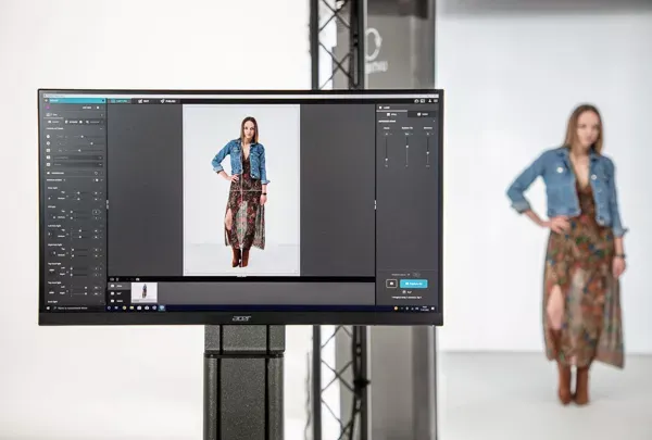 E-commerce Fashion Photo Shoot Review on Monitor with Model in Maxi Dress