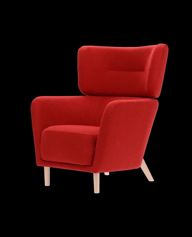 Modern red wingback armchair with wooden legs