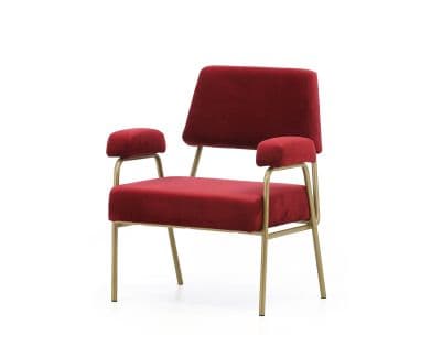 Modern red velvet armchair with gold metal frame