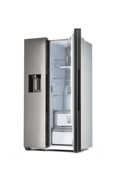 Stainless steel refrigerator with open door