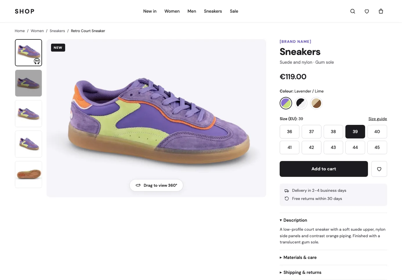 Sneaker product page with a 360 spin
