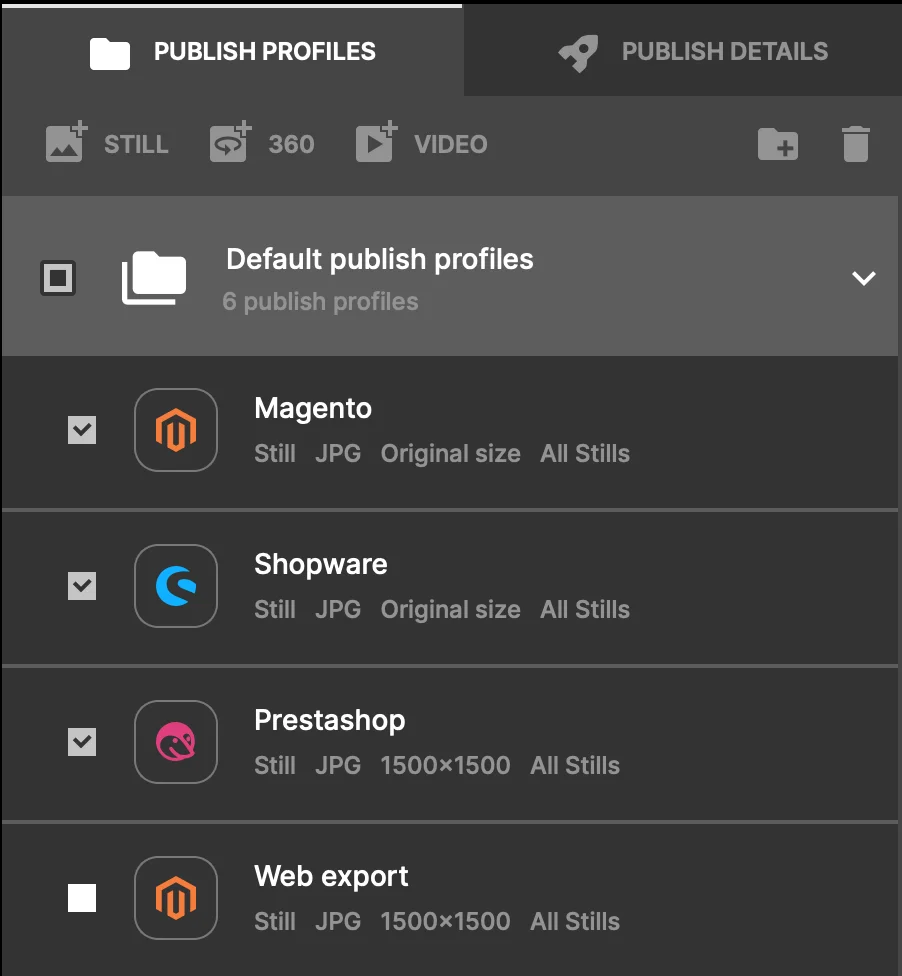 Orbitvu Station publish profiles for Magento, Shopware, and PrestaShop