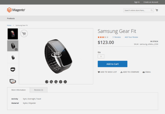 Samsung Gear Fit Product Page with 360 View on Magento