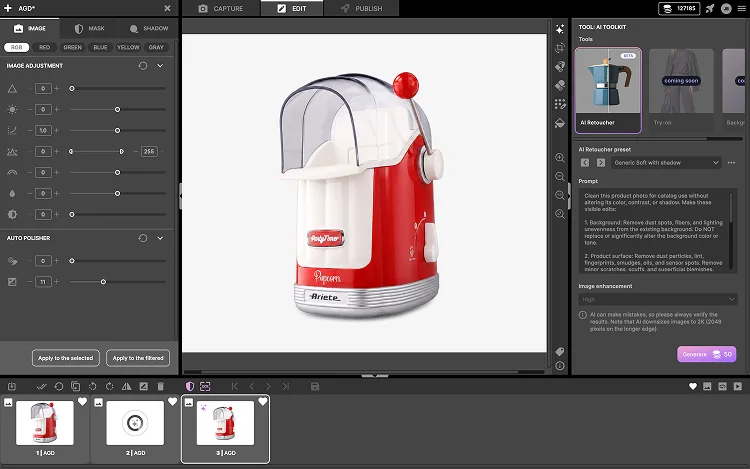 Orbitvu Station AI Retoucher editing screen