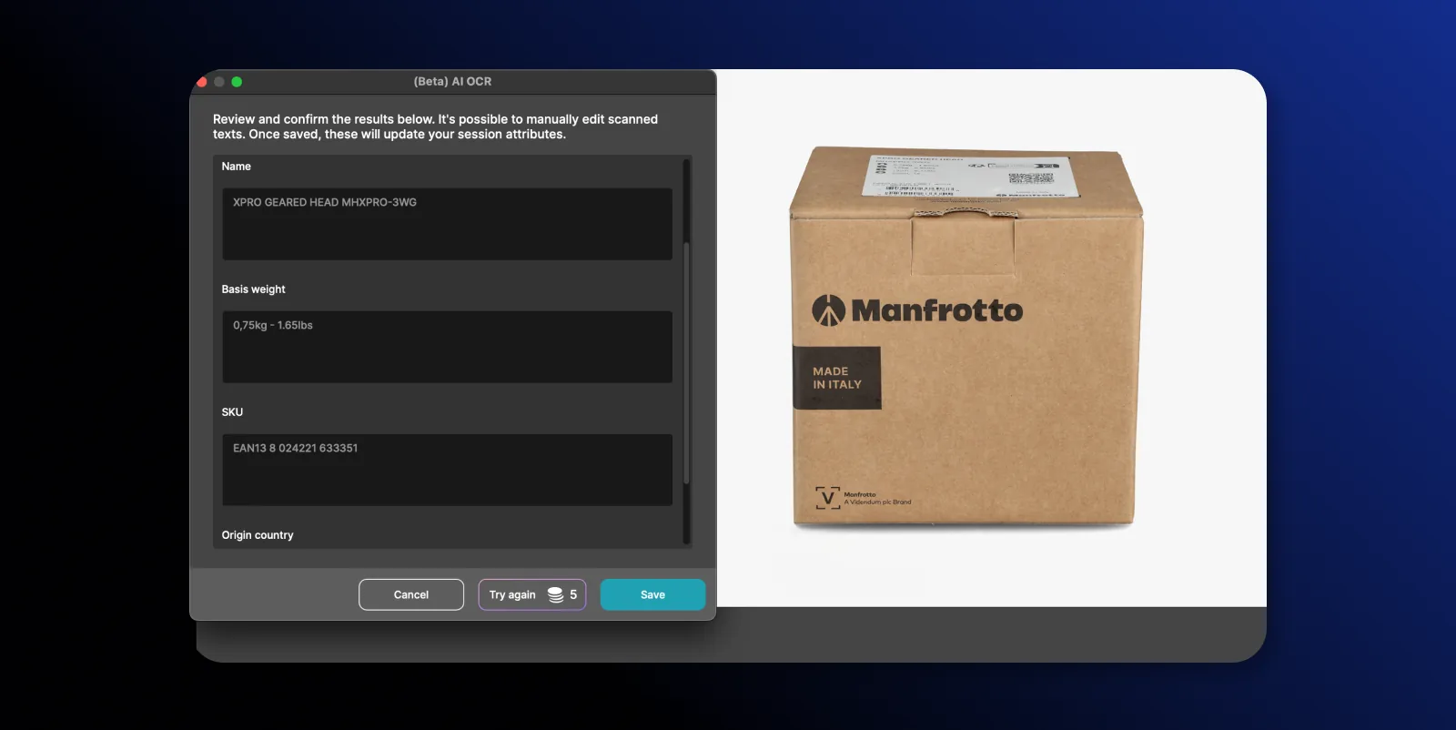 AI OCR extracting product name, weight, SKU, and origin country from box packaging in Orbitvu Station