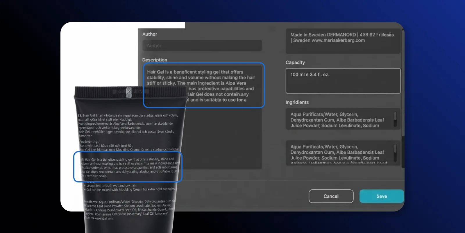 AI OCR extracting a product description and capacity from a product label in Orbitvu Station
