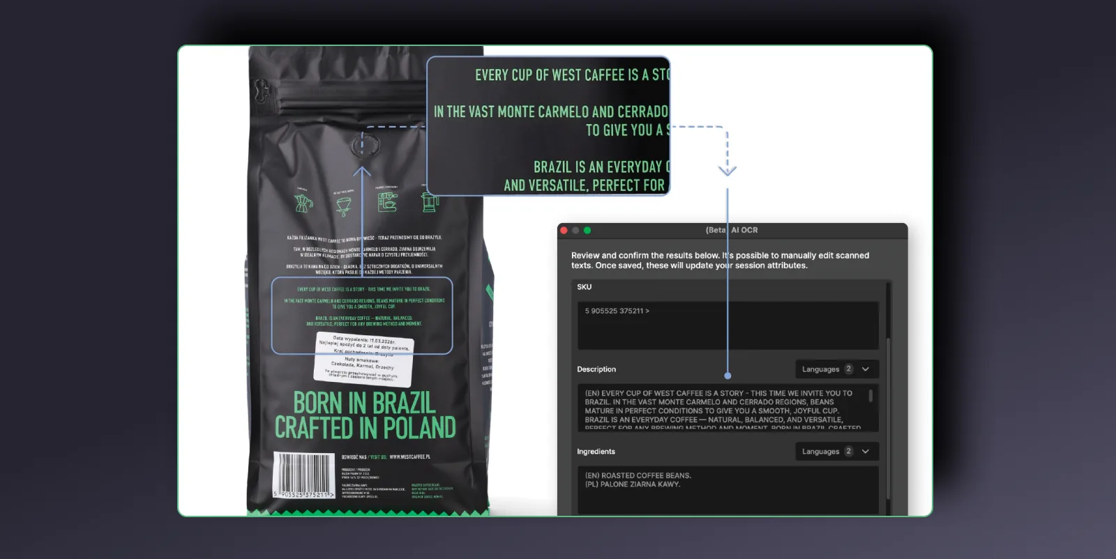 AI OCR in Orbitvu Station reading a SKU, description, and ingredients from product packaging into session attributes
