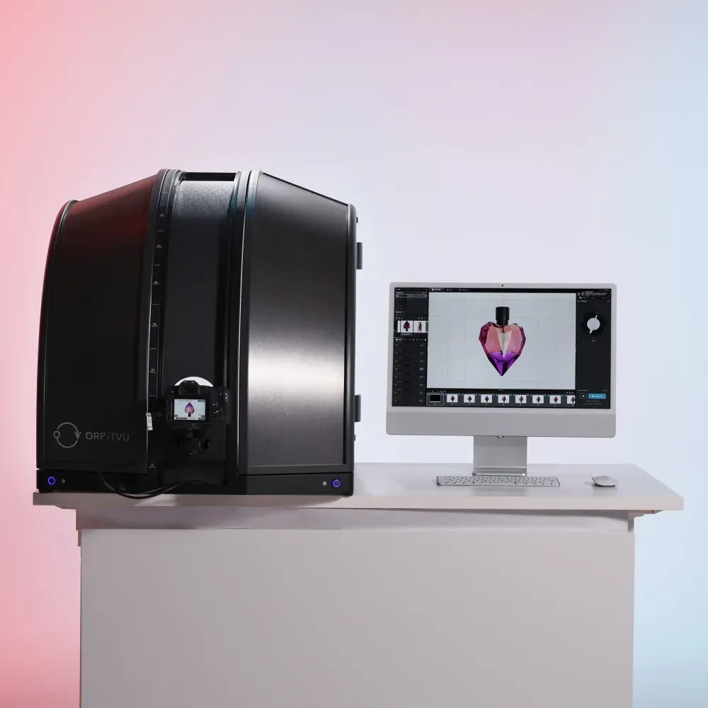 Operator photographing cosmetics product with Orbitvu device